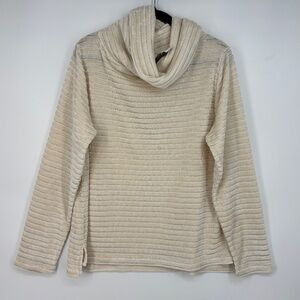 Le Moda Womens XL Cowl Neck Top Cream Velour Sheer Stripes Long Sleeves Relaxed
